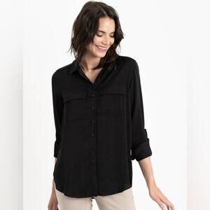 EUC Renuar Button Down Tunic Top Rolled Sleeve Black Collared Hi Low Sz XL